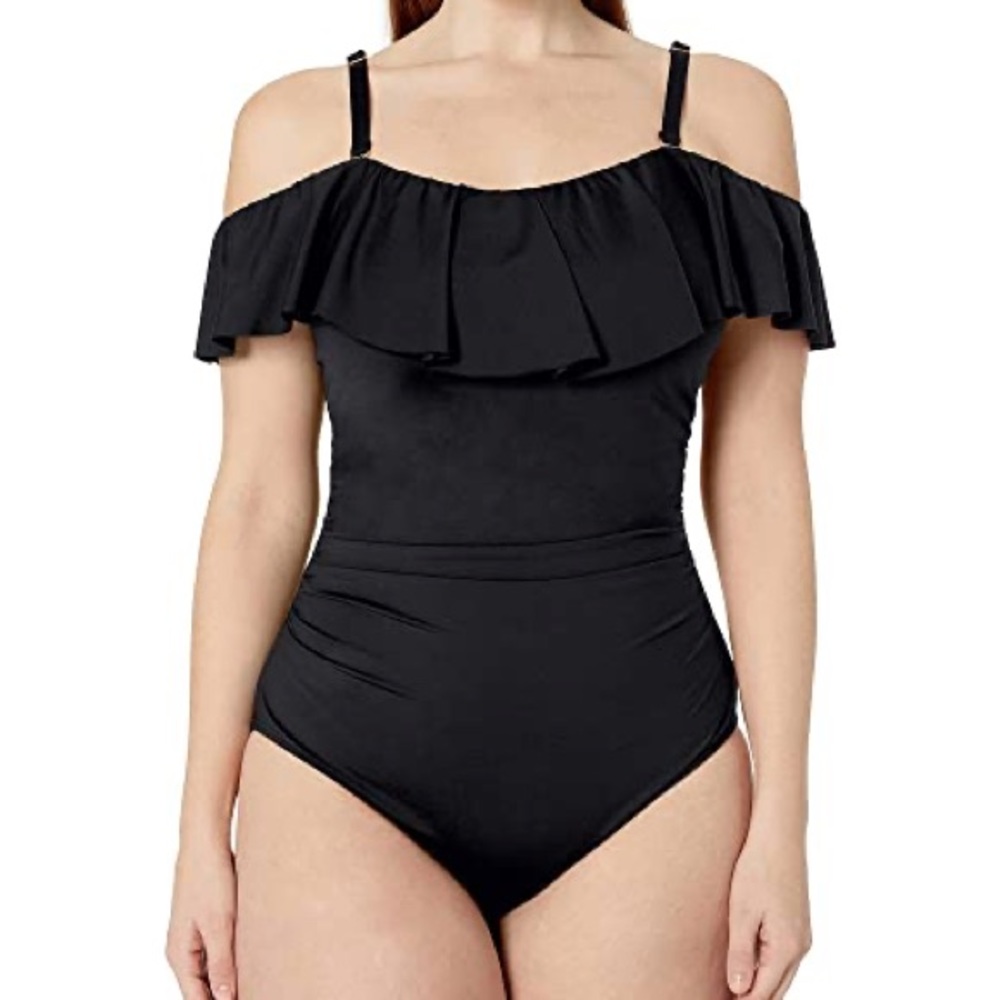 NWT La Blanca Island Goddess Ruffle Off Shoulder One Piece Swimsuit Plus Size - Picture 3 of 8
